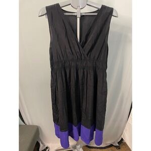 DKNY Donna Karan Black Purple Sleeveless Dress V Neck Elastic Waist Women's‎ L
